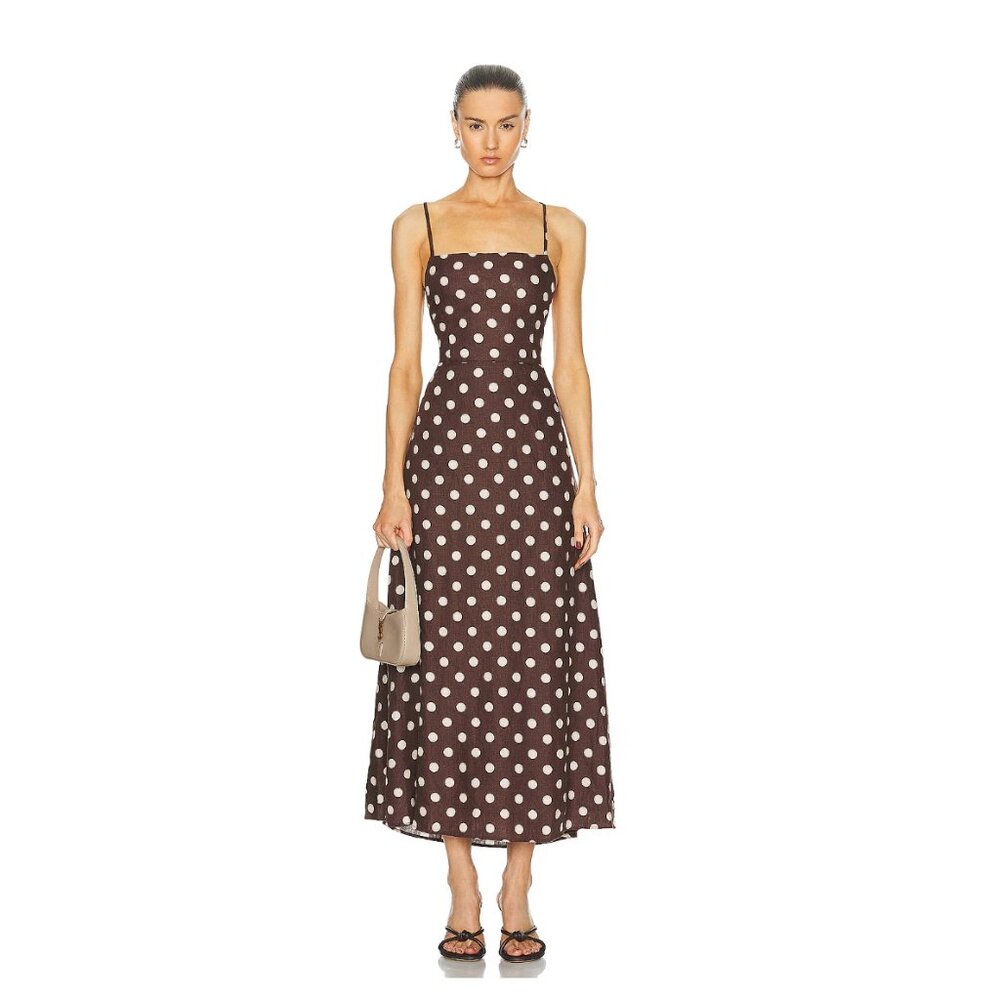Posse Lori Dress - Chocolate/Ivory Polka Dot Linen Maxi Dress (M)
